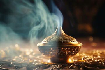 Small metal decorative Arabian incense burner censer with smoke - obrazy, fototapety, plakaty