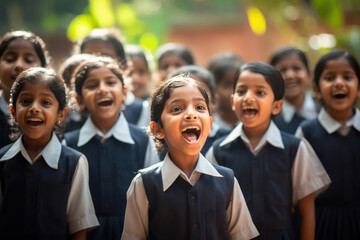 Indian school children group singing national anthem - obrazy, fototapety, plakaty