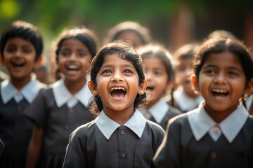 Indian school children group singing national anthem