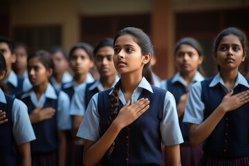 indian girl group standing on national anthem - obrazy, fototapety, plakaty