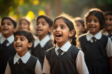Indian school children group singing national anthem - obrazy, fototapety, plakaty