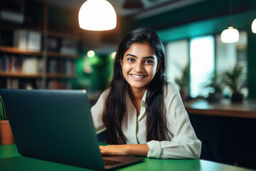Young college girl student using laptop