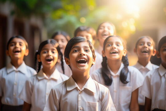 Indian School Children Group Singing National Anthem