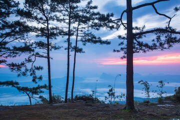 Beautiful sunrise  on the high mountain in Phu-kra-dueng national park Loei province, Thailand.