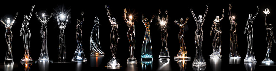 An ultra-wide collage of delicate glass figurines, delicately illuminated to showcase their exquisite forms and refractive qualities, transforming each piece into a mesmerizing work of art