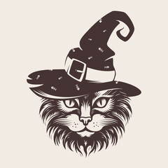 Hand drawn engraving style cat head in magic hat with fish skeleton pattern. 