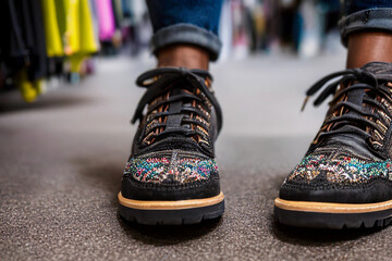 A teenager trying on for size a new pair of fancy ornate pattern sneakers in a department store. Man testing the fit of a new hip designer pair of shoes before buying at a fashion boutique shop. - obrazy, fototapety, plakaty