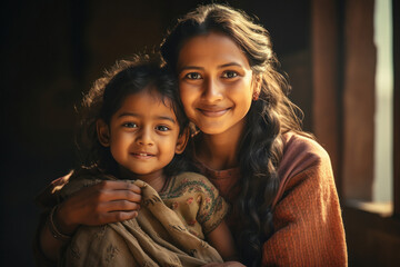 Indian villagers mother with her daughter - obrazy, fototapety, plakaty
