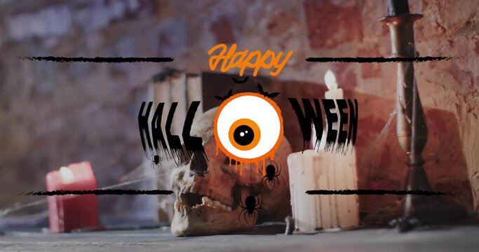 Animation of happy halloween text over candles and skull on brick wall background