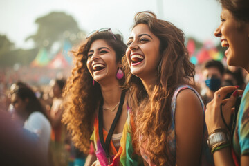 two young woman enjoying at music festival event.