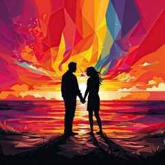 Stunning Sunset Silhouette of a Couple Holding Hands under LGBTQ Flag