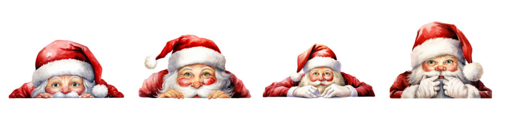 Funny Christmas Santa Claus Peeking Watercolor Clipart isolated on Transparent Background
