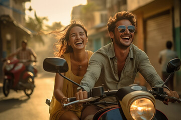 Fototapeta na wymiar couple enjoying motorbike riding