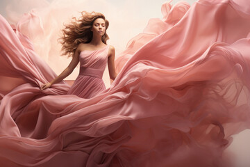 Fototapeta na wymiar Young beautiful woman waving his long pink color dress