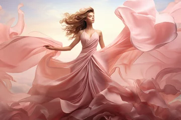 Zelfklevend Fotobehang Young beautiful woman waving his long pink color dress © Niks Ads