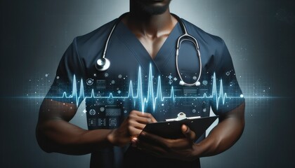 Black Male Nurse with Patient Chart Modern Data Concept
