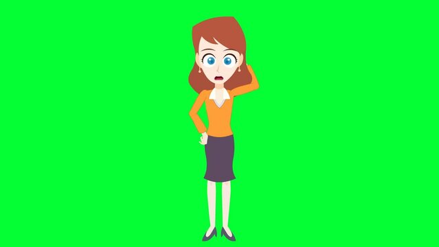 cartoon girl thinking, thoughtful background and 2d animation, Cartoon character, thinks , expressions, Education, lady giving message, puzzled, solving problem, idea, green screen