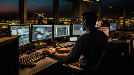 Young man air traffic controller working at his cabin - obrazy, fototapety, plakaty