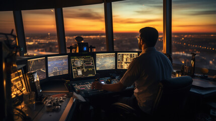 Young man air traffic controller working at his cabin - obrazy, fototapety, plakaty