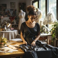 Fashion Designer Working on Dresses in Shop