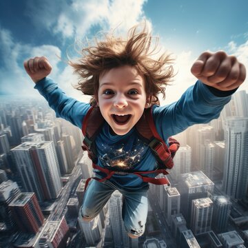 Daring Boy Superhero Flying through Skyline and Aspiring Adventure and Bold Leap Uplifting Concept
