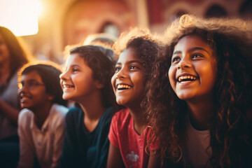 Three indian little girl watching and enjoying music performance event - obrazy, fototapety, plakaty