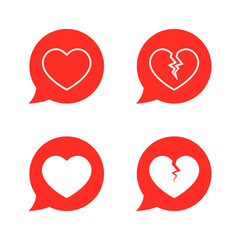 Love and cracked heart icon vector in speech bubbles