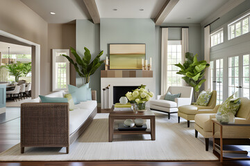 Fototapeta premium The living room's harmonious color scheme and decor choices create a soothing and cohesive environment that promotes relaxation and well-being. Generative AI