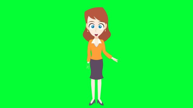 beautiful cartoon girl talking and explaining background and 2d animation, Cartoon character, cute lady, teacher talking, expressions, Education, women giving message, green screen
