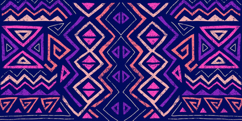 African ethnic seamless pattern in tribal style. Trendy abstract geometric background with grunge texture. Unique design elements for textile, banner, cover, wallpaper, wrapping