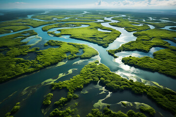 Aerial view of a river delta - obrazy, fototapety, plakaty