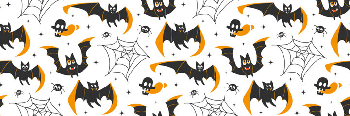 Halloween seamless pattern. Spooky bat and spiders. Vector flat illustration.