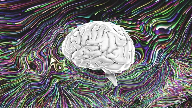 Rotating human brain over colourful liquid waves