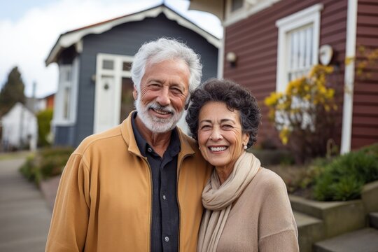 Happy Senior Couple Smiling Outside Their Cozy Home