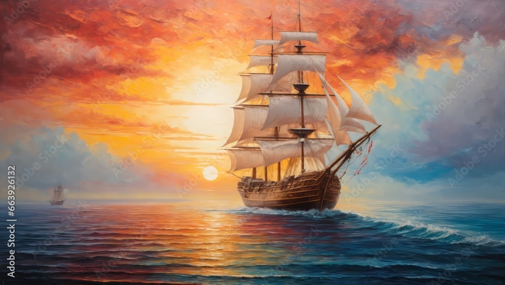 Wall mural Scenic view of a sailing ship, as the sun sets below the horizon, casting a warm orange glow over the calm waters, Watercolor