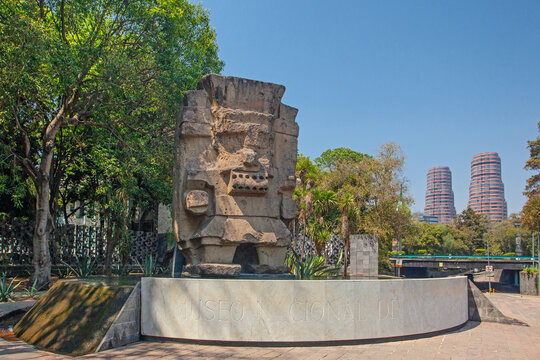 MEXICO CITY, MEXICO -  March 12, 2022: Tlaloc, Aztec deity of rain and fertility, was moved from its excavation site in Coatlinch&aacute;n to the Anthropology Museum in Mexico City in 1964