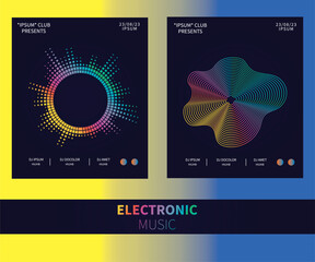 Electronic Music Party Poster with Colorful Equalizer Abstract Wave Lines and Distortion of Circles Gradient Equalizer Design Vector Background for the Night Sound Event Modern Music Glowing Equalizer