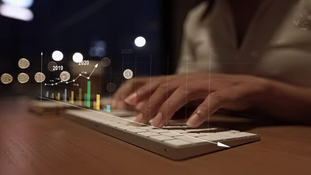 2024 Businesswoman analyzing company financial balance sheet working with digital virtual graphics Businessman calculating financial data for long term investment growth goals