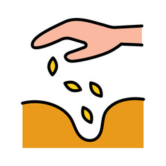 Hand sowing seeds in ground icon. Planting seeds in ground. Pictogram isolated on white background.
