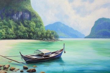 "Tropical Serenity Unveiled: A Rolled Canvas Oil Painting Capturing the Beauty of Mountains and Tranquil Ocean