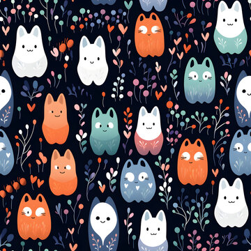 seamless pattern with monsters,cartoon,bird,baby,rabbit,owl,cat,seamless,vector,animal,illustration,Ai generated 