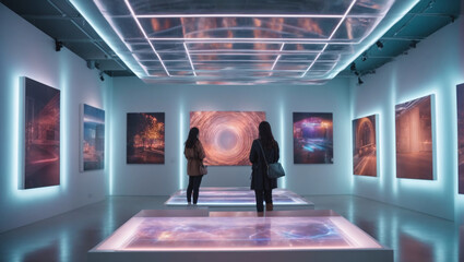 An art gallery with interactive, holographic art installations - obrazy, fototapety, plakaty