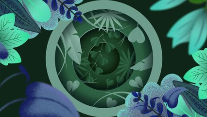 Brown, green and blue plant leaves over rotating circular scanner