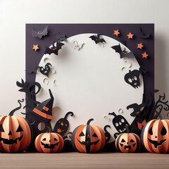 Paper cutout scene, with pumpkins, bats, and witch hats. Big full moon in the background for your custom text. Suitable for Halloween Party invitation mockup