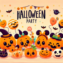 Halloween Party invitation. Happy, adorable pumpkins having a ball with balloons and candies. Bright, orange hue. Halloween party written on the wall