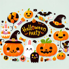 Bright Halloween Party invitation mockup. Adorable smiley pumpkins in witch hats, ghosts, candies and bats surround a Halloween party sign in the middle. Perfect for kids' parties