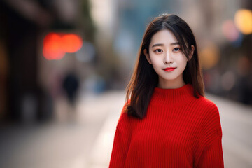 Fototapeta premium Beautiful Chinese Teen Girl Model Smiling At The Camera. Fashion Street Photography. Ai Generated 