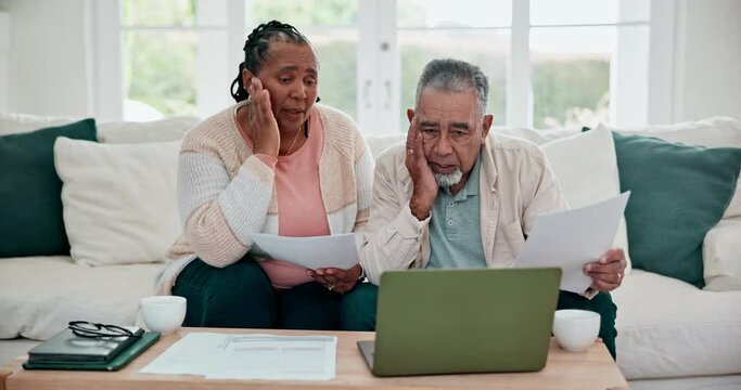 Old couple, laptop and life insurance paperwork, stress for finance and asset management with budget. Savings, communication at home with policy and tax audit, financial crisis and debt for mortgage