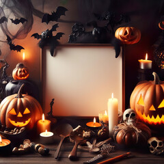 Dark Halloween scene with pumpkins, candles, skulls, and bats. Cobweb around a whiteboard. Suitable for Halloween Party invitation mockup. Room for text 