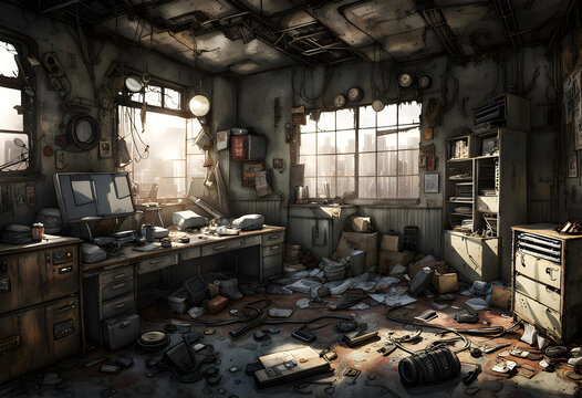 an abandoned derelict room full of clutter rubbish and broken furniture